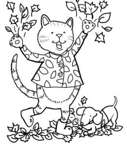 10张秋天落叶堆里的小猫咪小朋友维尼小熊有趣的涂色儿童简笔画！