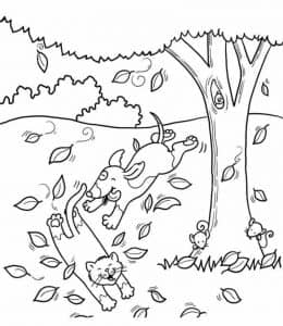 10张落叶秋天季节涂色可爱跳跳虎落叶中的小猫小狗主题涂色图片！