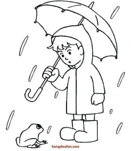 7张下雨天打伞的男孩子和路边的小青蛙有趣的涂色儿童画！