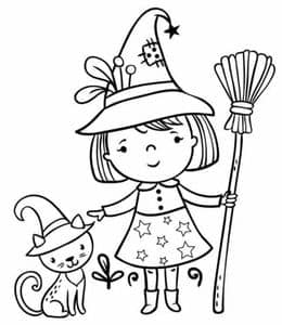 12张万圣节派对上的小小女巫和南瓜灯可爱卡通涂色图片下载