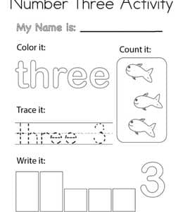 14张认识数字3和英文单词three幼儿启蒙涂色描红作业题！