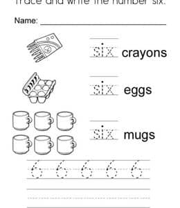 Trace and write the number six！10张英文six数字6的趣味描红作业题！