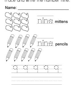 Trace and write the number nine！10张数字9和单词nine描红涂色作业题！