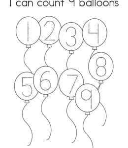 can count 9 balloons！12张数字9连线描红涂色作业练习题！