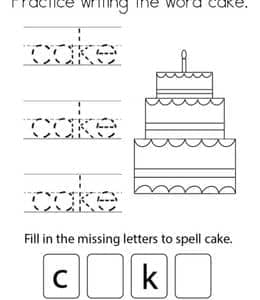 Practice writing the word cake. 10张生日蛋糕英语单词描红涂色作业题