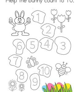 Help the bunny count to 10！10张数数游戏描红图纸涂色简笔画下载！