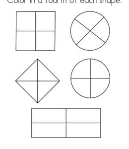 Color in a fourth of each shape！12张有趣的数字拆分认识分数数学作业练习题免费下载！