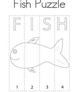 Fish Puzzle 10张小鱼的手工涂色单词描红连线作业题！