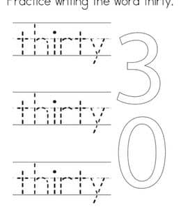 13张认识数字3和单词thirty以及更多二位数数字描红涂色练习题！