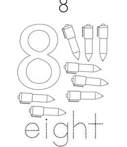 E is for Eight！12张认识数字8和单词eight描红涂色趣味练习题免费下载！