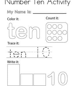 Number Ten Activity！13张数字10数数单词描红趣味涂色作业免费下载