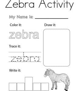 Z is for zebra！14张简单有趣的斑马英文单词描红涂色数数练习题打印！
