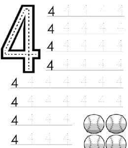 12张认识数字4更多数字4的涂色描红计数练习作业题！