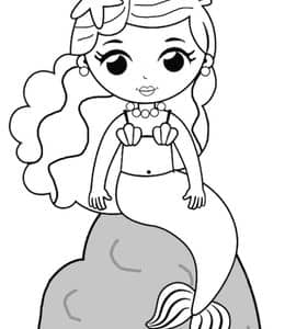 12张带着贝壳发饰的漂亮小美人鱼公主卡通涂色图片！