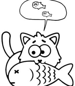 小猫爱吃鱼！9张小鱼小猫海豚海星卡通儿童涂色简笔画！