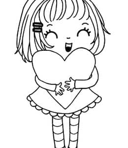 10张抱着爱心的可爱女孩子头戴蝴蝶结的女同学卡通儿童涂色图片！