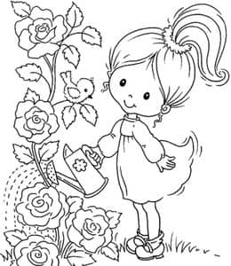 13张浇花的可爱女孩子爱吃冰激凌的女孩子涂色图片免费下载！
