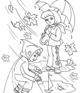 10张秋天的风雨和落叶有趣的小刺猬卡通涂色简笔画！