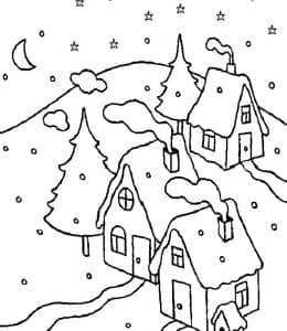 12张冬天漂亮的雪房子玩耍的孩子们卡通涂色儿童画免费下载