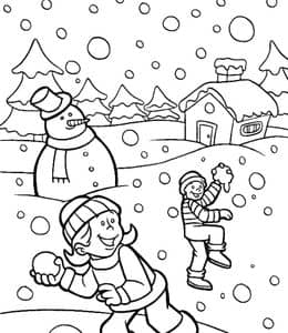 冬天的可爱符号！12张雪人雪橇滚雪球孩子们的冬季涂色图片