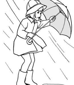 秋日的落叶和细雨！11张下雨天的女孩子落叶卡通涂色儿童画！