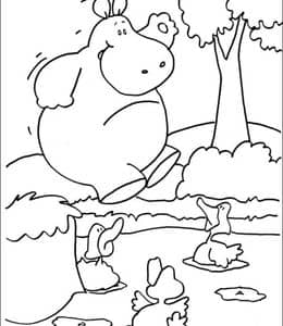 河马的童话故事！12张动物园中的河马和朋友们卡通儿童涂色简笔画！
