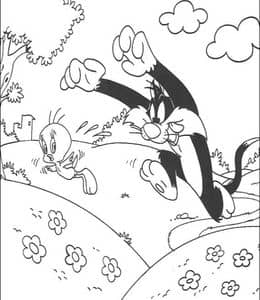 8张机智可爱的Tweety鸟和笨拙可笑的猫Sylvester《Looney Tunes》涂色图片免费下载！