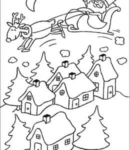 15张夜幕降临下圣诞老人和驯鹿们穿过夜空卡通涂色图片～