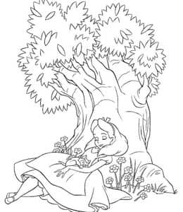 12张大树下熟睡的爱丽死爱丽丝三月兔和柴郡猫涂色图片大全免费下载！