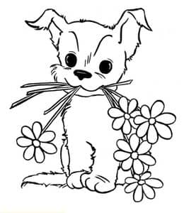 12张嘴里叼着花朵的有爱的小小狗子卡通涂色简笔画大全！