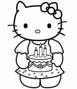 12张和凯蒂猫一起庆祝生日快乐生日蛋糕涂色图片！