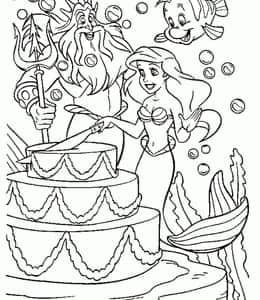 11张和小美人鱼爱丽儿一起庆祝生日快乐豪华生日蛋糕涂色图片！