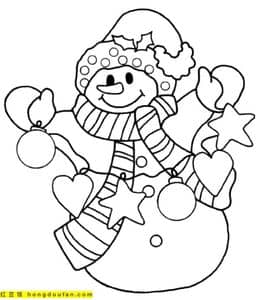 10张带着圣诞帽子挂着圣诞彩灯的可爱大雪人可爱涂色简笔画！