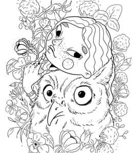 猫头鹰和女孩子！11张密林中的猫头鹰童话镇卡通涂色图纸！