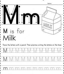 M is for Milk！12张带有横线的英文单词描红练习题免费下载！