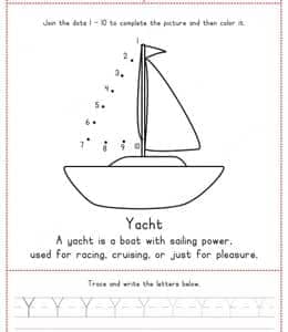 Y is for Yacht！9张和孩子们一起玩的数字描点字母描红作业题