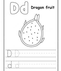 D is for dragon fruit！12张带有火龙果乌龟狼苹果香蕉简笔画的字母描红练习题！