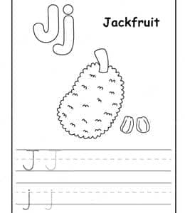 J is for jackfruit！10张芒果猕猴桃菠萝香蕉坚果可涂色字母描红练习表！