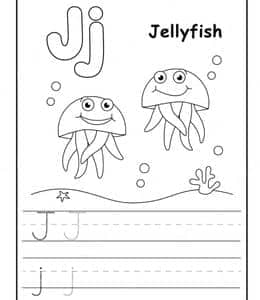 J is for jellyfish！12张认识英文单词水母小猫蝴蝶狮子英文字母描红涂色练习表！