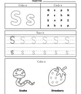 Color the letter s！12张字母描红英文单词练习题免费下载打印