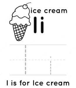 I is for Icecream! 13张为学前孩子准备的带有卡通简笔画的字母描红练习题！