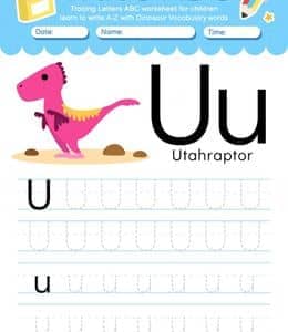 U is for Utahraptor！12张翼龙三角龙更多小恐龙的英文字母描红练习题！