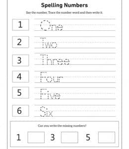 Spelling Numbers！10张给孩子们准备的1-60英文数字单词描红作业题！
