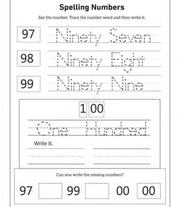 7张Spelling Numbers英文单词60-100数字描红练习题下载！