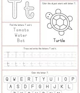 T is for turtle！8张乌龟雨伞火山简单单词的英文字母描红练习题！