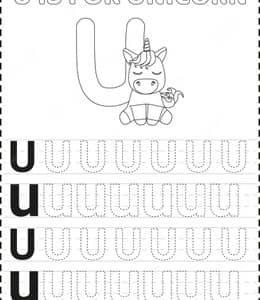 U is for unicorn！10张可以涂色的带有卡通简笔画的简单英语字母描红练习题打印