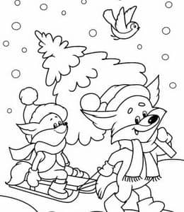 11张狗拉雪橇冰上垂钓汪汪特工队大狐狸雪人卡通涂色图片免费下载！