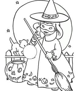 10张身穿魔法长袍穿着横条袜子的可爱小女巫涂色儿童画免费下载