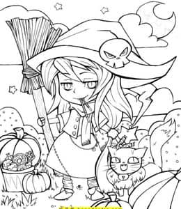 12张充满魔法和奇迹的世界爱吃糖果的万圣节女巫卡通涂色简笔画