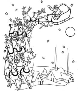 10张飞翔在雪村上空的圣诞雪橇圣诞老人和驯鹿卡通涂色图片！